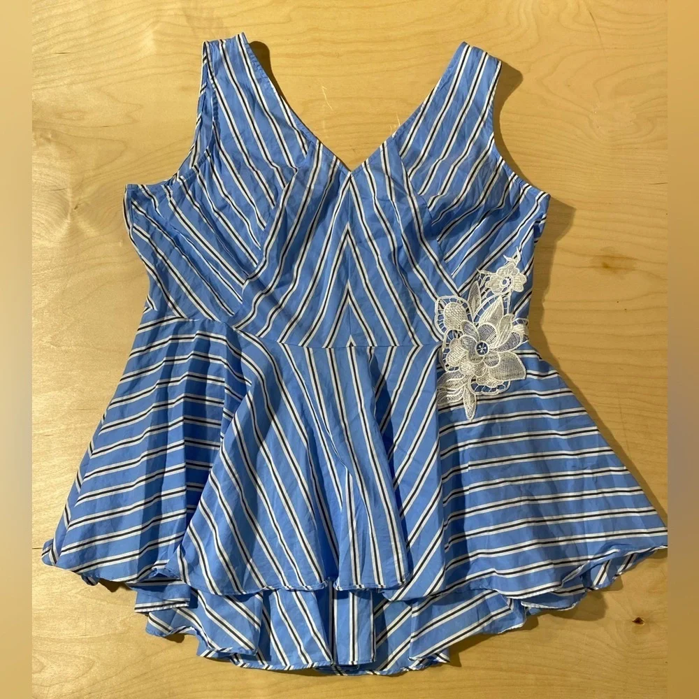 Lane Bryant Blue and White Striped Blouse with Floral Lace 18P (OS)